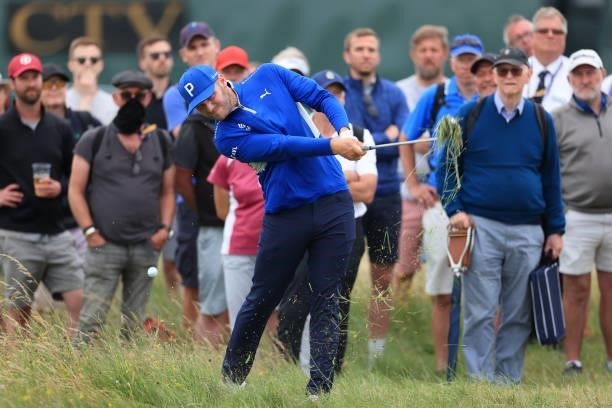 Sam Forgan of England plays his second shot on the 2nd hole during Day One of The 149th Open at Royal St George’s Golf Club on July 15, 2021 in...