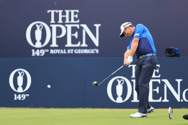 Padraig Harrington of Ireland tees off on the 1st hole during Day One of The 149th Open at Royal St George’s Golf Club on July 15, 2021 in Sandwich,...
