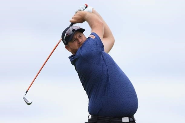 Aaron Pike of Australia tees off on the 5th hole during Day One of The 149th Open at Royal St George’s Golf Club on July 15, 2021 in Sandwich,...
