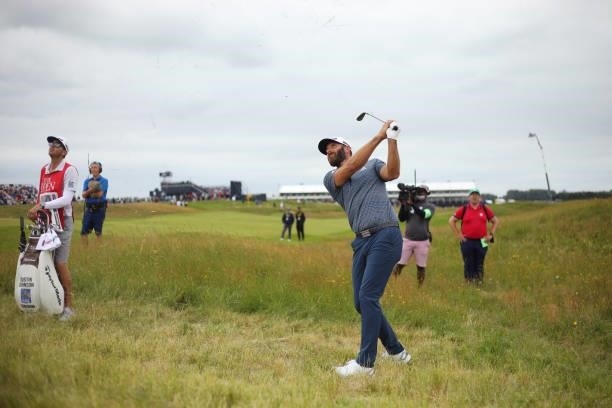 Dustin Johnson of The United States plays a shot during Day One of The 149th Open at Royal St George’s Golf Club on July 15, 2021 in Sandwich,...