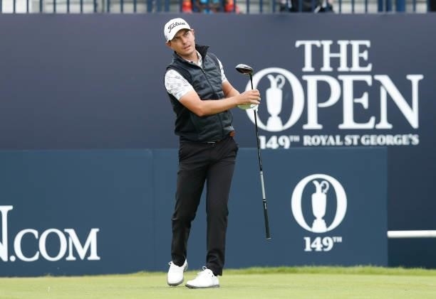 Jason Scrivener of Australia plays his shot from the first tee during Day One of The 149th Open at Royal St George’s Golf Club on July 15, 2021 in...