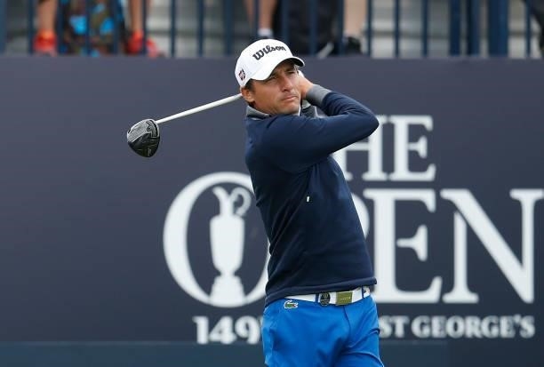 Benjamin Hebert of France plays his shot from the first tee during Day One of The 149th Open at Royal St George’s Golf Club on July 15, 2021 in...