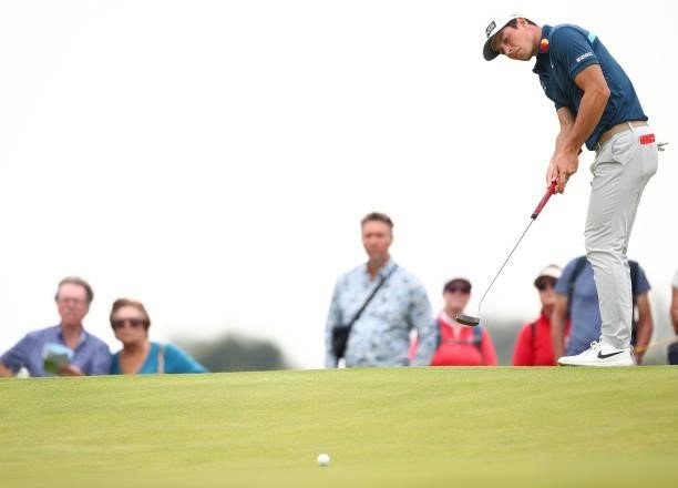 Viktor Hovland of Norway putts on the 18th hole during Day One of The 149th Open at Royal St George’s Golf Club on July 15, 2021 in Sandwich, England.