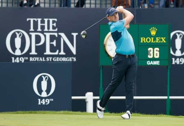 Matt Wallace of England plays his shot from the first tee during Day One of The 149th Open at Royal St George’s Golf Club on July 15, 2021 in...