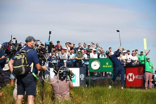 Jordan Spieth of the United States hits a tee shot during Day One of The 149th Open at Royal St George’s Golf Club on July 15, 2021 in Sandwich,...