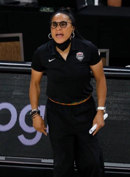 Head coach Dawn Staley of the USA Women’s National Team yells to her players during the 2021 WNBA All-Star Game against Team WNBA at Michelob ULTRA...