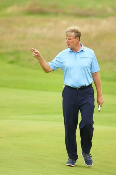 Ernie Els of South Africa reacts on the 18th hole during Day One of The 149th Open at Royal St George’s Golf Club on July 15, 2021 in Sandwich,...