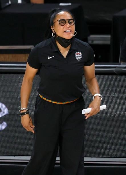 Head coach Dawn Staley of the USA Women’s National Team yells to her players during the 2021 WNBA All-Star Game against Team WNBA at Michelob ULTRA...
