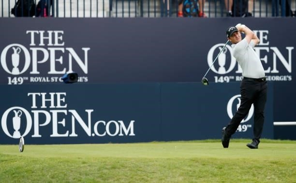 Emiliano Grillo of Argentina plays his shot from the first tee during Day One of The 149th Open at Royal St George’s Golf Club on July 15, 2021 in...