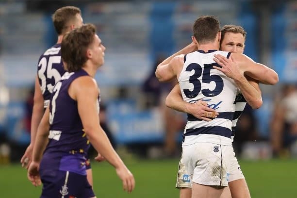 Patrick Dangerfield and Joel Selwood of the Cats celebrate a goal during the round 18 AFL match between the Fremantle Dockers and Geelong Cats at...