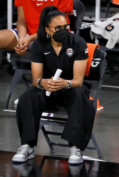 Head coach Dawn Staley of the USA Women’s National Team looks on during the 2021 WNBA All-Star Game against Team WNBA at Michelob ULTRA Arena on July...