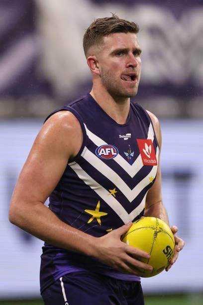 Luke Ryan of the Dockers looks on during the round 18 AFL match between the Fremantle Dockers and Geelong Cats at Optus Stadium on July 15, 2021 in...