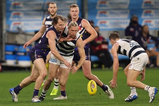 David Mundy of the Dockers and Mark Blicavs of the Cats contest for the ball during the round 18 AFL match between the Fremantle Dockers and Geelong...