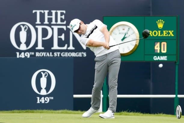 Richard T. Lee of Canada plays his shot from the first tee during Day One of The 149th Open at Royal St George’s Golf Club on July 15, 2021 in...