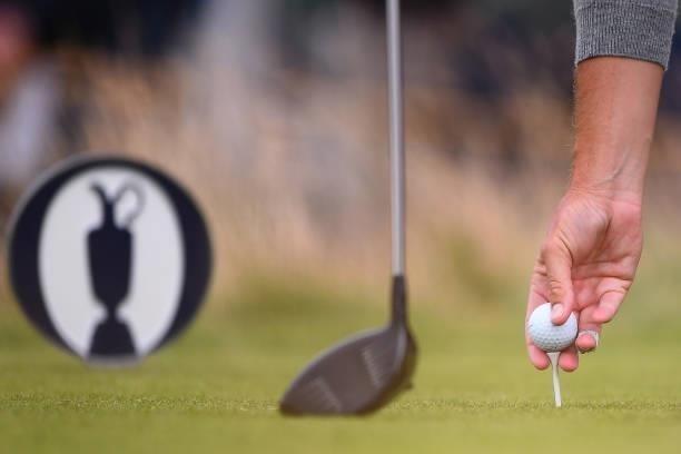 Ball is placed on a tee during Day One of The 149th Open at Royal St George’s Golf Club on July 15, 2021 in Sandwich, England.
