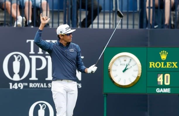 Rafa Cabrera Bello of Spain reacts after playing his shot from the first tee during Day One of The 149th Open at Royal St George’s Golf Club on July...