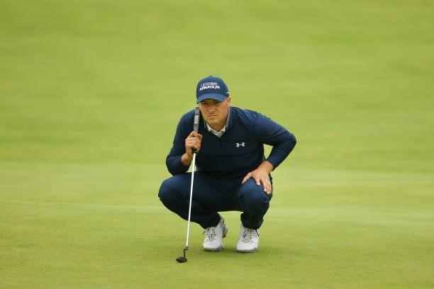 Jordan Spieth of the United States lines up a shot on the green of the 18th during Day One of The 149th Open at Royal St George’s Golf Club on July...