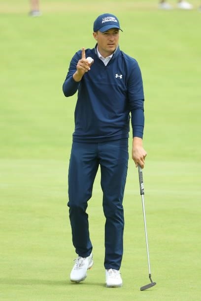 Jordan Spieth of the United States reacts on the green of the 18th during Day One of The 149th Open at Royal St George’s Golf Club on July 15, 2021...