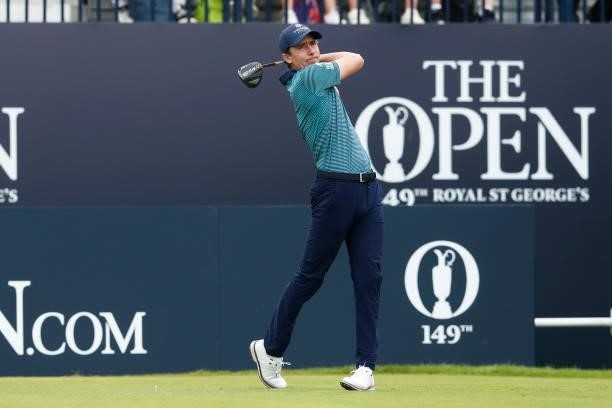 Carlos Ortiz of Mexico plays his shot from the first tee during Day One of The 149th Open at Royal St George’s Golf Club on July 15, 2021 in...