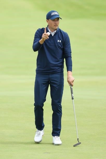 Jordan Speith of United States acknowledges the crowd on the 18th green during Day One of The 149th Open at Royal St George’s Golf Club on July 15,...