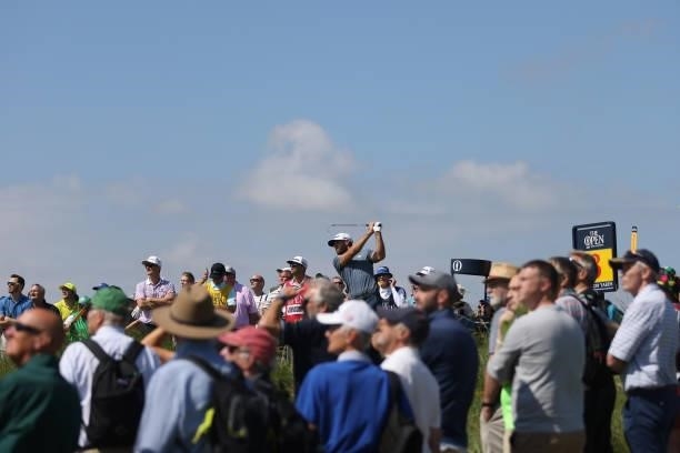 Dustin Johnson of The United States tees off during Day One of The 149th Open at Royal St George’s Golf Club on July 15, 2021 in Sandwich, England.