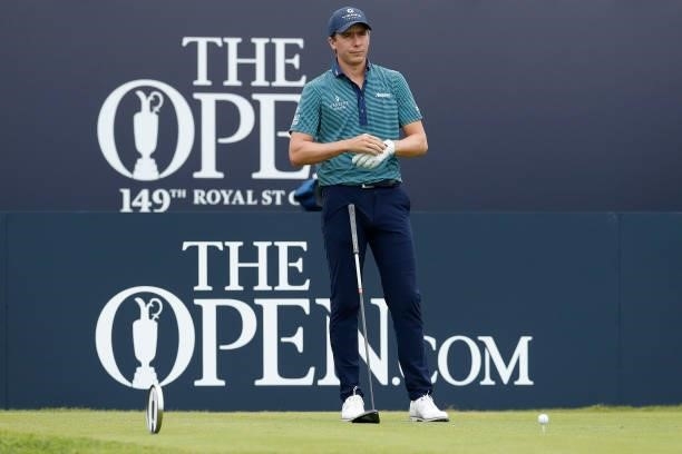 Carlos Ortiz of Mexico prepares to play his shot from the first tee during Day One of The 149th Open at Royal St George’s Golf Club on July 15, 2021...