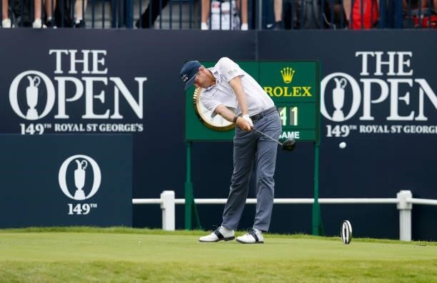 Brendon Todd of the United States plays his shot from the first tee during Day One of The 149th Open at Royal St George’s Golf Club on July 15, 2021...