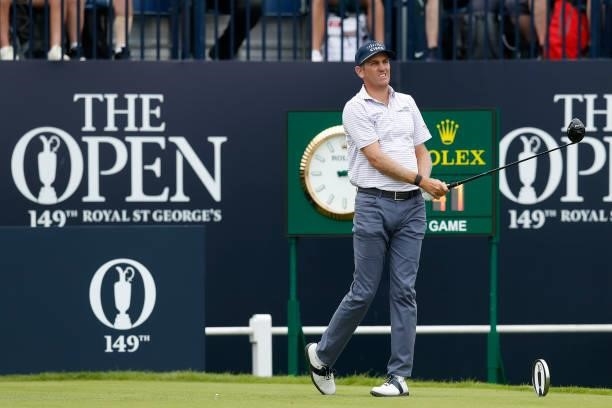 Brendon Todd of the United States reacts after playing his shot from the first tee during Day One of The 149th Open at Royal St George’s Golf Club on...