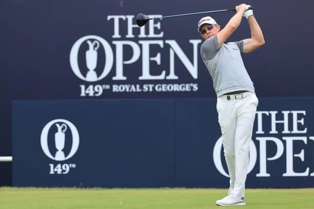 Brad Kennedy of Australia tees off on the 1st hole during Day One of The 149th Open at Royal St George’s Golf Club on July 15, 2021 in Sandwich,...