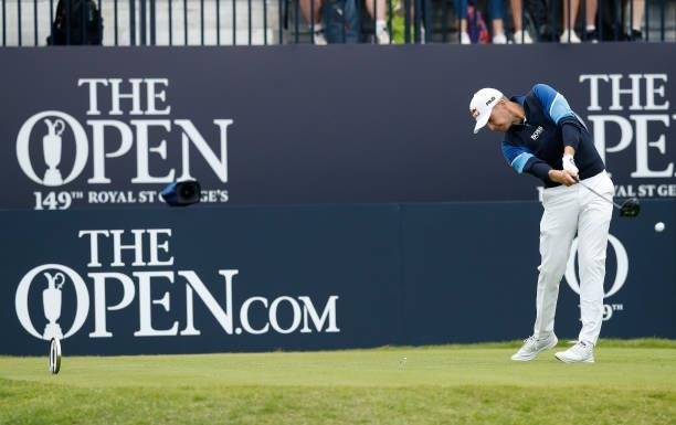 Marcel Siem of Germany plays his shot from the first tee during Day One of The 149th Open at Royal St George’s Golf Club on July 15, 2021 in...