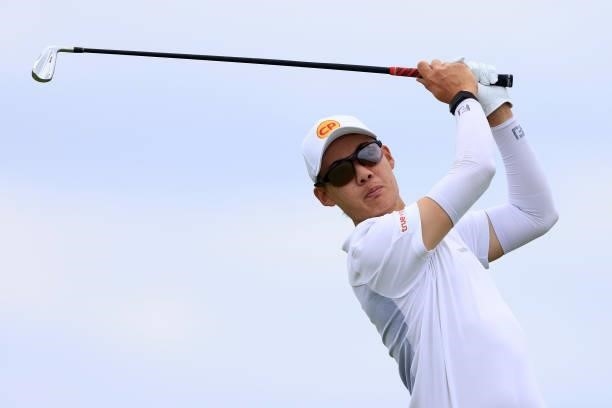 Jazz Janewattananond of Thailand tees off on the 5th hole during Day One of The 149th Open at Royal St George’s Golf Club on July 15, 2021 in...