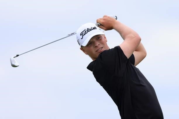 Christoffer Bring of Denmark tees off on the 5th hole during Day One of The 149th Open at Royal St George’s Golf Club on July 15, 2021 in Sandwich,...