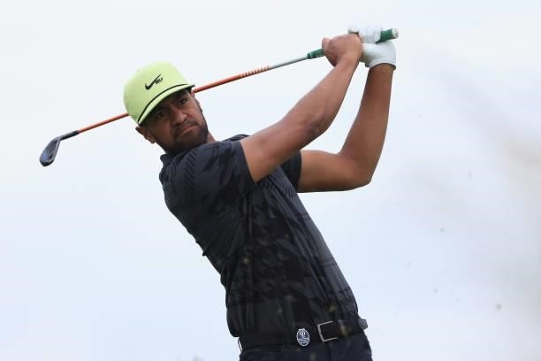 Tony Finau of The United States tees off on the 5th hole during Day One of The 149th Open at Royal St George’s Golf Club on July 15, 2021 in...