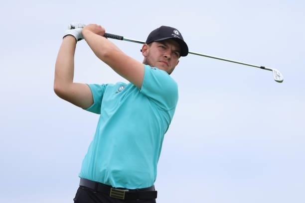 Sam Bairstow of England tees off on the 5th hole during Day One of The 149th Open at Royal St George’s Golf Club on July 15, 2021 in Sandwich,...