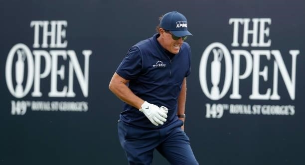 Phil Mickelson of the United States reacts as he prepares to tee off on the first hole during Day One of The 149th Open at Royal St George’s Golf...