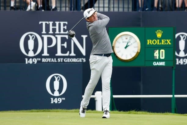 Keegan Bradley of the United States plays his shot from the first tee during Day One of The 149th Open at Royal St George’s Golf Club on July 15,...