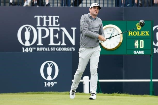 Keegan Bradley of the United States plays his shot from the first tee during Day One of The 149th Open at Royal St George’s Golf Club on July 15,...