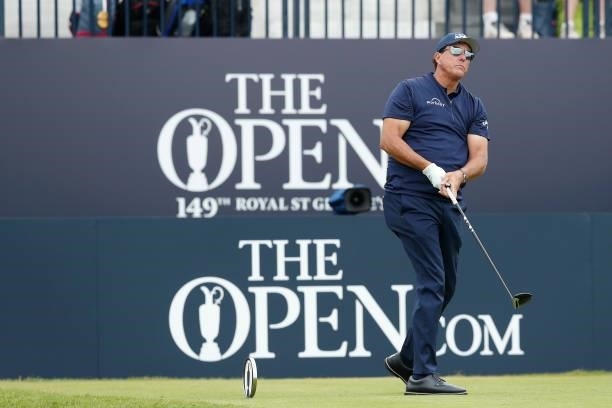 Phil Mickelson of the United States plays his shot from the first tee during Day One of The 149th Open at Royal St George’s Golf Club on July 15,...