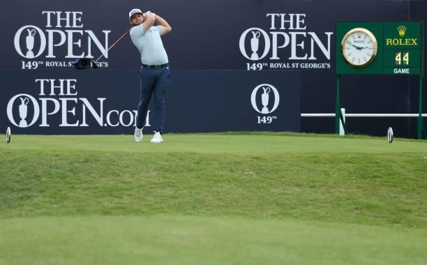 Tyrrell Hatton of England tees off on the 1st hole during Day One of The 149th Open at Royal St George’s Golf Club on July 15, 2021 in Sandwich,...