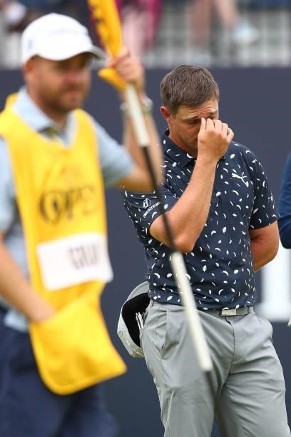 Bryson DeChambeau of the United States reacts during Day One of The 149th Open at Royal St George’s Golf Club on July 15, 2021 in Sandwich, England.