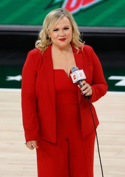 Reporter Holly Rowe speaks during the 2021 WNBA All-Star Game at Michelob ULTRA Arena on July 14, 2021 in Las Vegas, Nevada. Team WNBA defeated the...