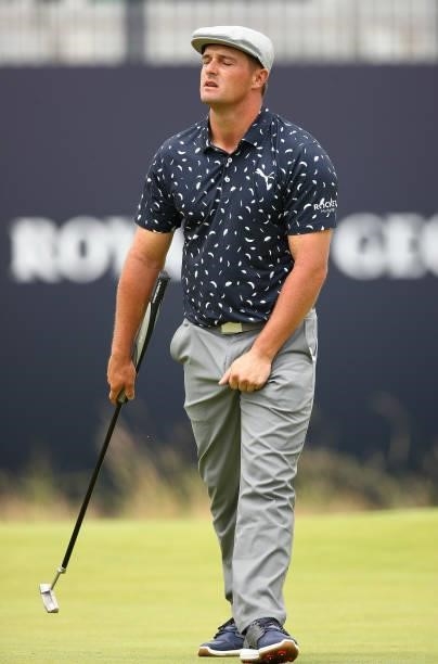 Bryson DeChambeau of the United States reacts during Day One of The 149th Open at Royal St George’s Golf Club on July 15, 2021 in Sandwich, England.
