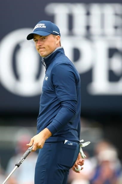 Jordan Spieth of the United States reacts during Day One of The 149th Open at Royal St George’s Golf Club on July 15, 2021 in Sandwich, England.