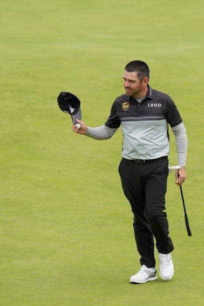 Louis Oosthuizen of South Africa reacts on the 18th hole during Day One of The 149th Open at Royal St George’s Golf Club on July 15, 2021 in...