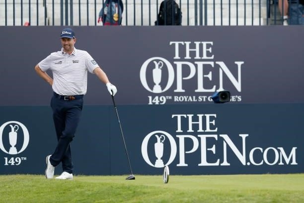 Webb Simpson of the United States looks on as he prepares to play his shot from the first tee during Day One of The 149th Open at Royal St George’s...