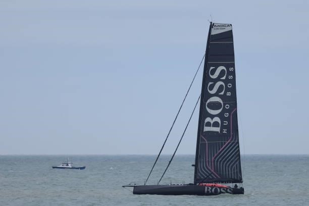 The Hugo Boss sailboat is seen from the coastline during Day One of The 149th Open at Royal St George’s Golf Club on July 15, 2021 in Sandwich,...