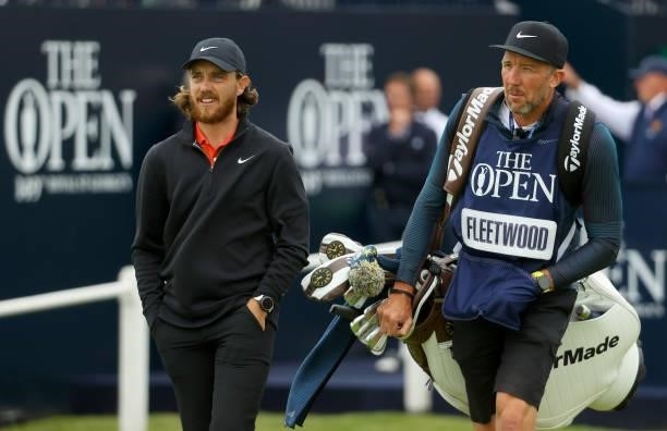 Tommy Fleetwood of England makes his way from the tee on the first hole during Day One of The 149th Open at Royal St George’s Golf Club on July 15,...