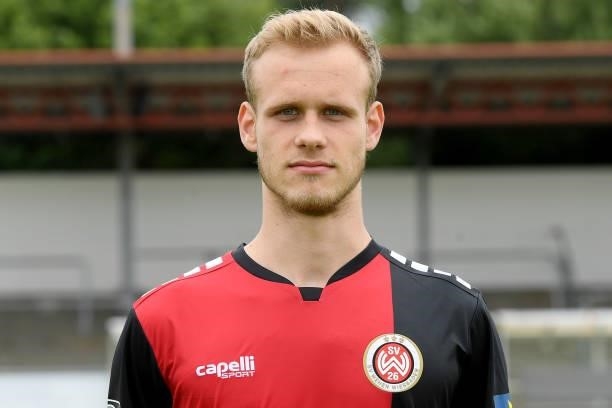 Lucas Brumme of SV Wehen Wiesbaden poses during the team presentation at on July 15, 2021 in Wiesbaden, Germany.