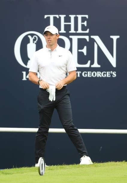 Rory McIlroy of Northern Ireland makes his way towards the first tee during Day One of The 149th Open at Royal St George’s Golf Club on July 15, 2021...