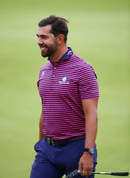Erik van Rooyen of South Africa reacts after putting on the 18th hole during Day One of The 149th Open at Royal St George’s Golf Club on July 15,...
